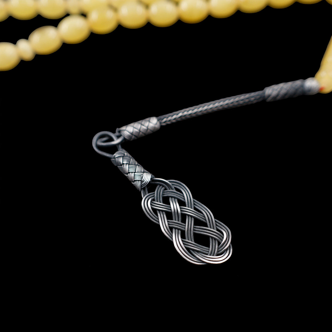 Premium Natural Baltic Amber Capsule Cut Silver Tassel Tasbeeh - WATD671