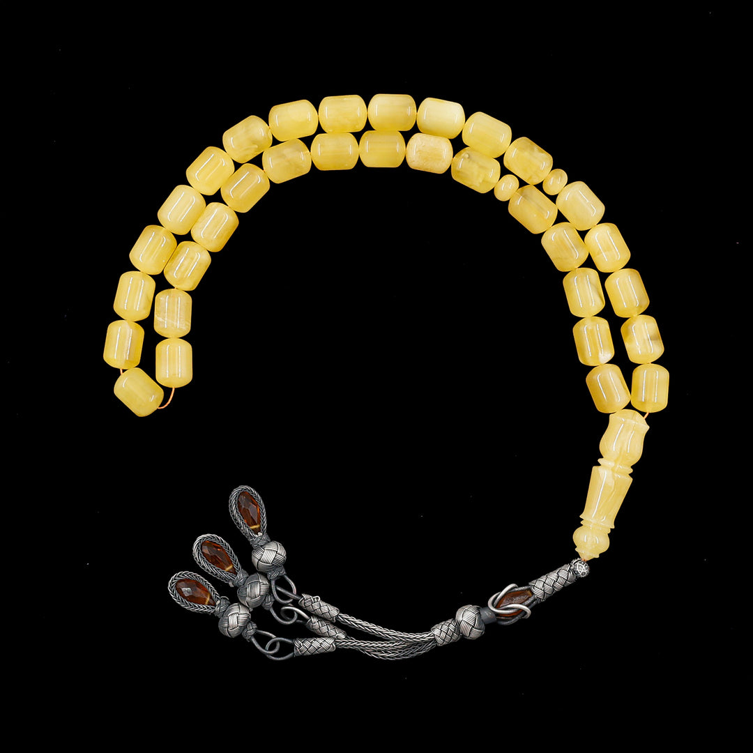 Premium Natural Baltic Amber Capsule Cut Silver Tassel Tasbeeh - WATD679