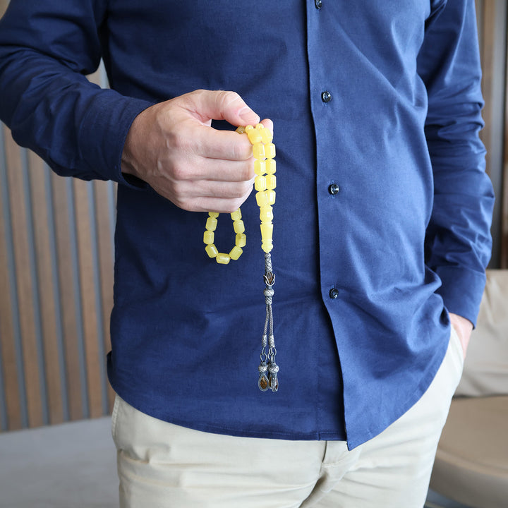 Premium Natural Baltic Amber Capsule Cut Silver Tassel Tasbeeh - WATD679