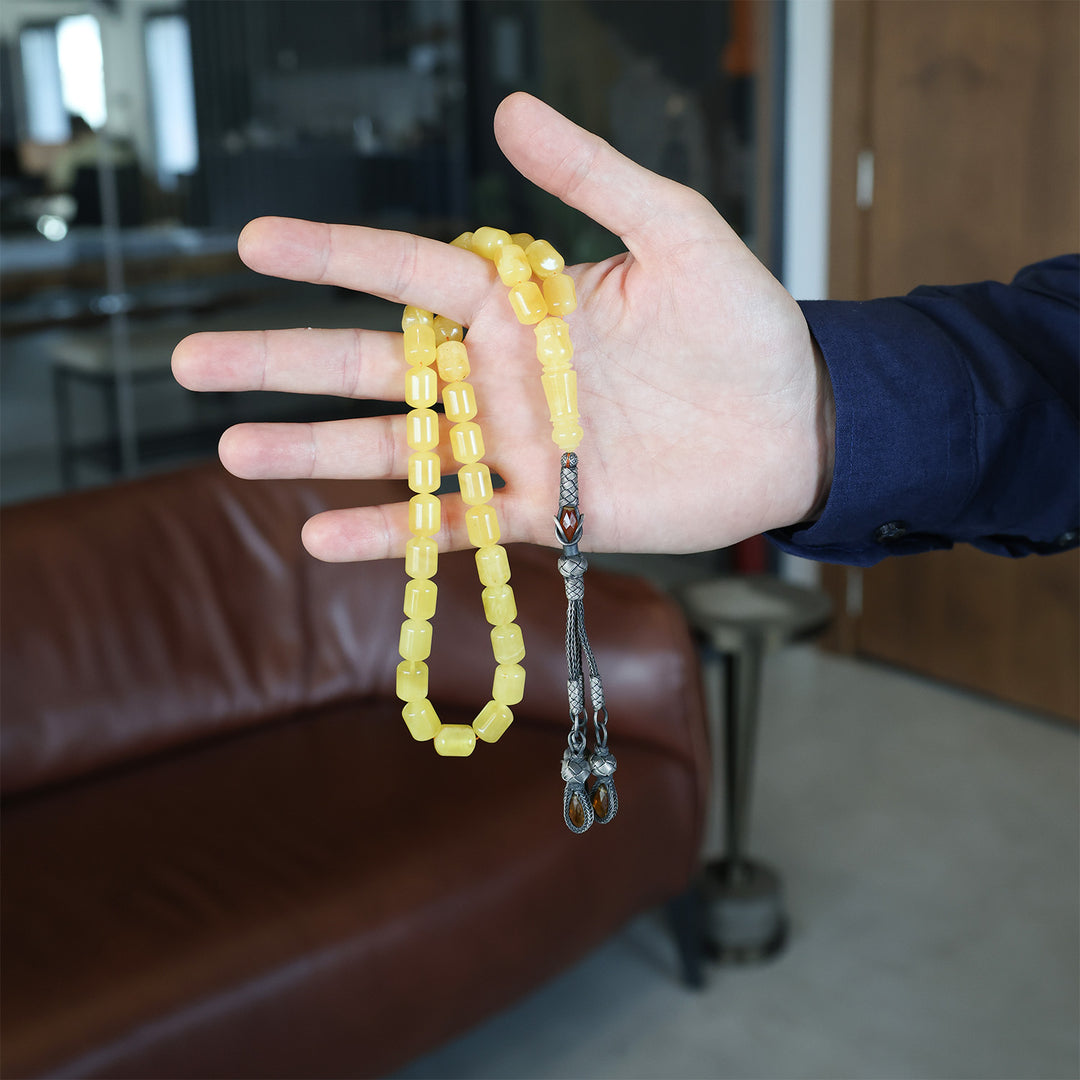 Premium Natural Baltic Amber Capsule Cut Silver Tassel Tasbeeh - WATD679