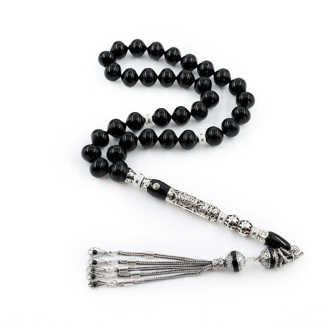 Original Erzurum Oltu Stone Jawshan Prayer Inscribed Mastercrafted Hand-Engraved Silver Imame Bead Tasbeeh – WATD687
