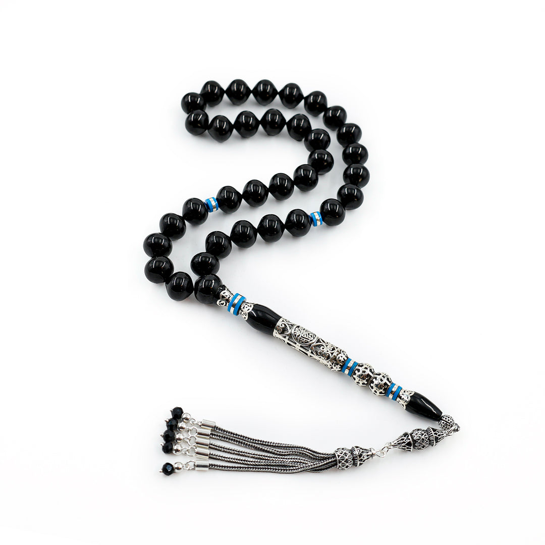 Original Erzurum Oltu Stone Jawshan Prayer Inscribed Mastercrafted Hand-Engraved Silver Imame Bead Tasbeeh – WATD688