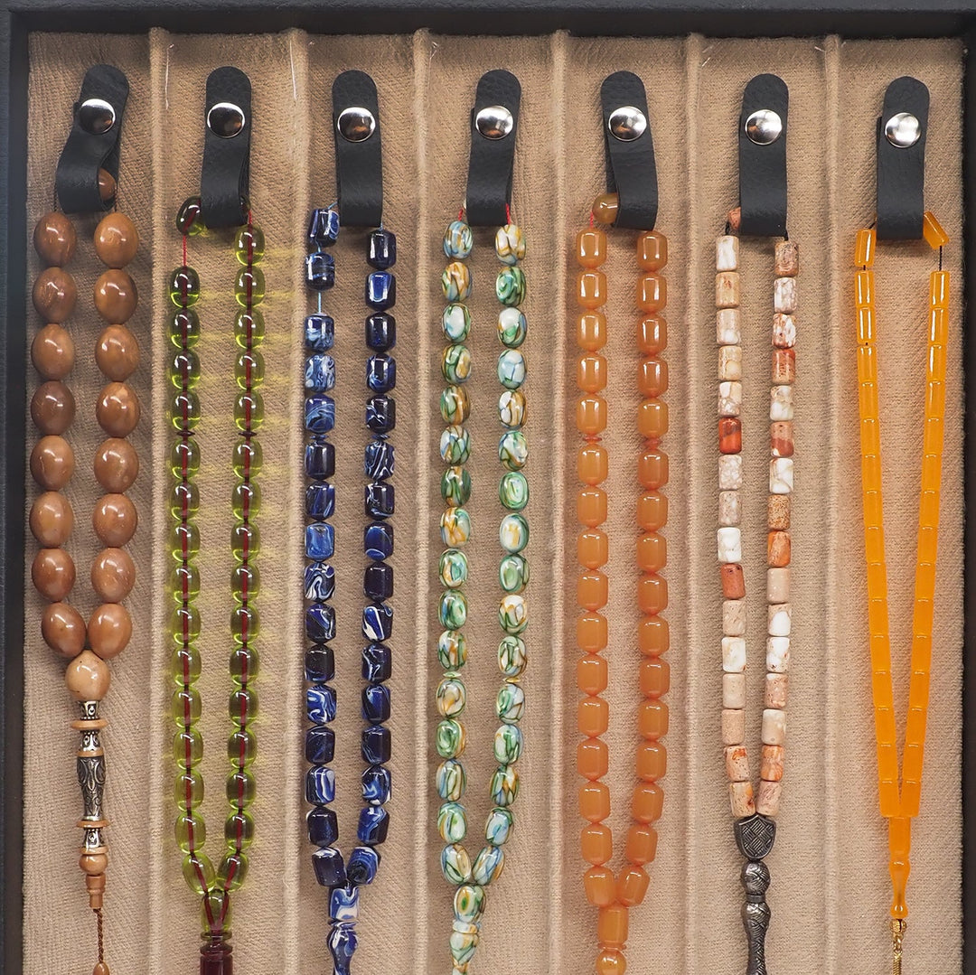 Exclusive 14-Piece Collectible Tasbeeh Set (with Navy Blue Leather-Covered Wooden Case) - WATD834
