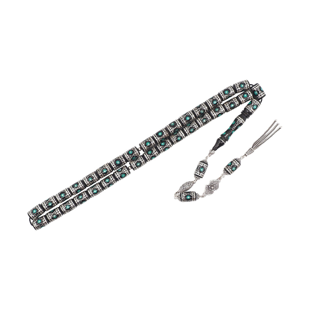 Mastercrafted Original Oltu Stone Tasbeeh with Turquoise Inlay, Silver Detailing &amp; Silver Tassel – WATD835