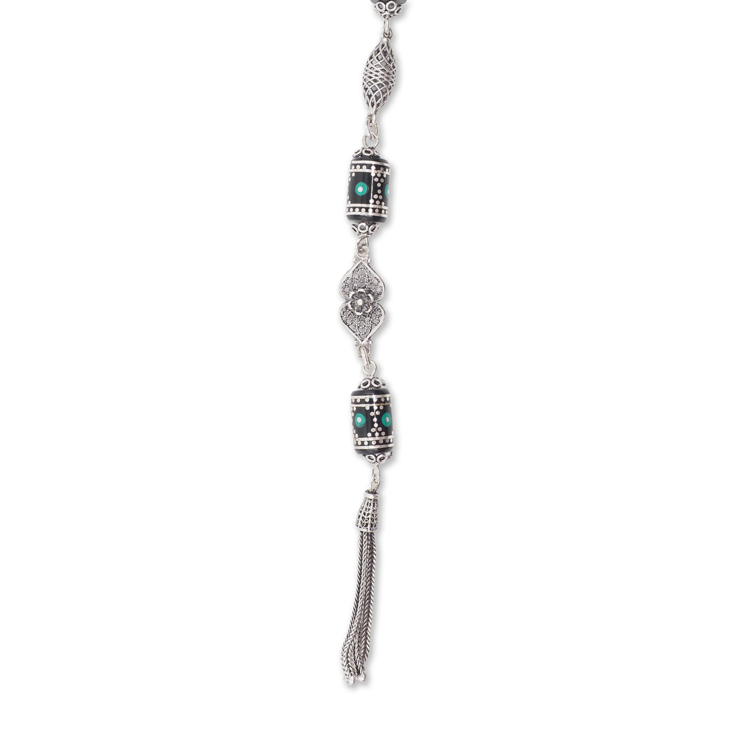 Mastercrafted Original Oltu Stone Tasbeeh with Turquoise Inlay, Silver Detailing &amp; Silver Tassel – WATD835