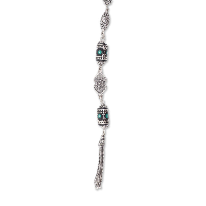 Mastercrafted Original Oltu Stone Tasbeeh with Turquoise Inlay, Silver Detailing &amp; Silver Tassel – WATD835