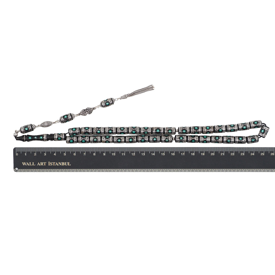 Mastercrafted Original Oltu Stone Tasbeeh with Turquoise Inlay, Silver Detailing &amp; Silver Tassel – WATD835