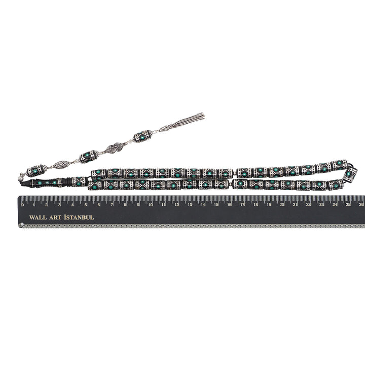 Mastercrafted Original Oltu Stone Tasbeeh with Turquoise Inlay, Silver Detailing &amp; Silver Tassel – WATD835