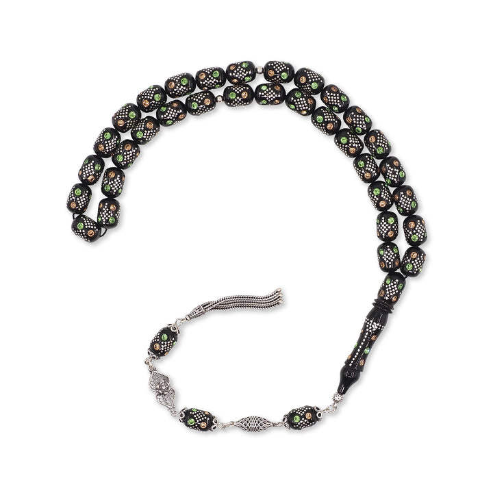 Mastercrafted Original Oltu Stone Tasbeeh with Turquoise &amp; Silver Inlay and Silver Tassel – WATD836