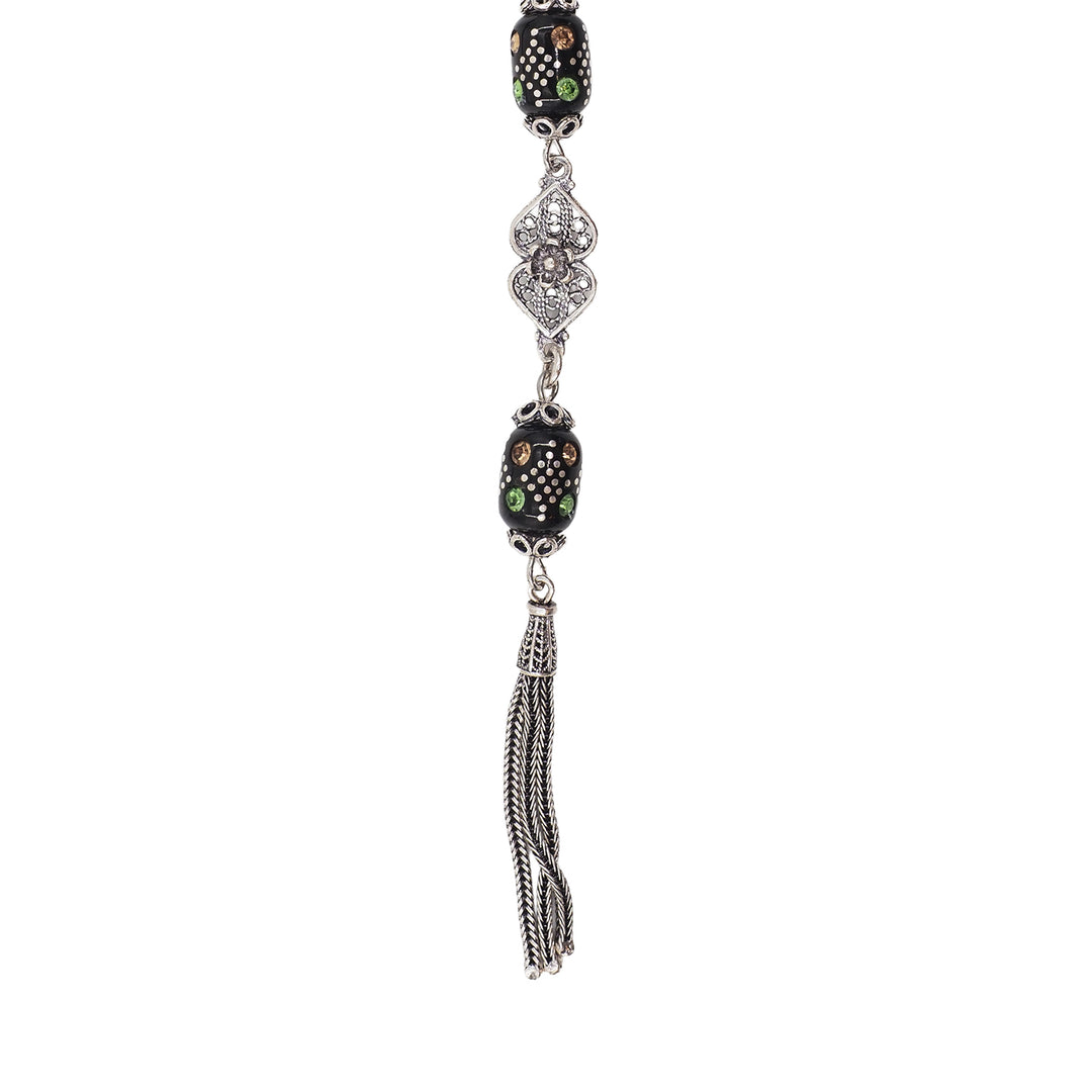 Mastercrafted Original Oltu Stone Tasbeeh with Turquoise &amp; Silver Inlay and Silver Tassel – WATD836