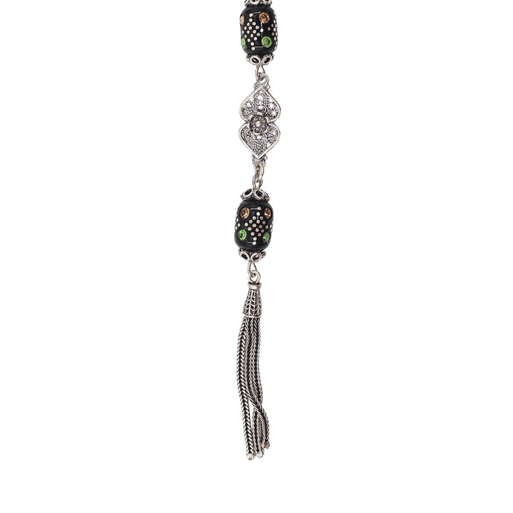 Mastercrafted Original Oltu Stone Tasbeeh with Turquoise &amp; Silver Inlay and Silver Tassel – WATD836