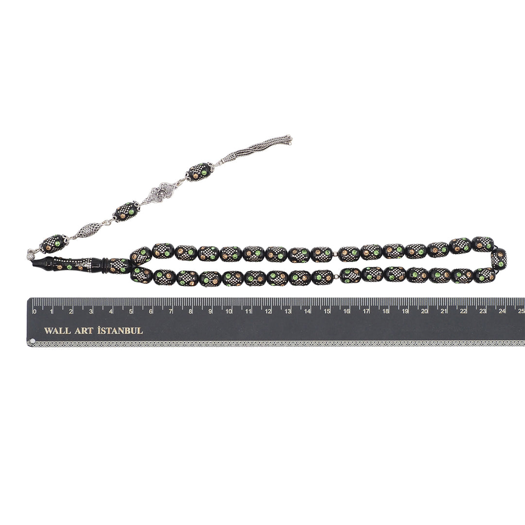 Mastercrafted Original Oltu Stone Tasbeeh with Turquoise &amp; Silver Inlay and Silver Tassel – WATD836