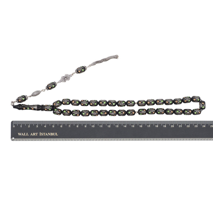 Mastercrafted Original Oltu Stone Tasbeeh with Turquoise &amp; Silver Inlay and Silver Tassel – WATD836