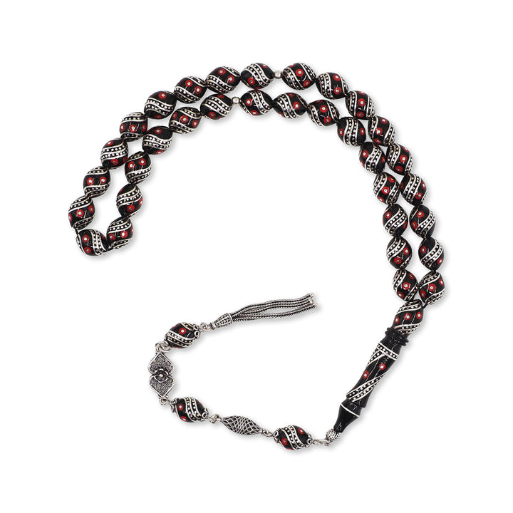 Mastercrafted Original Oltu Stone Tasbeeh with Coral &amp; Silver Inlay and Silver Tassel – WATD837