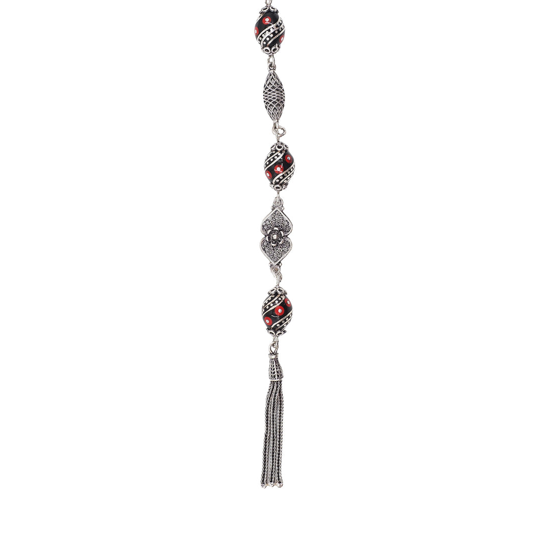 Mastercrafted Original Oltu Stone Tasbeeh with Coral &amp; Silver Inlay and Silver Tassel – WATD837