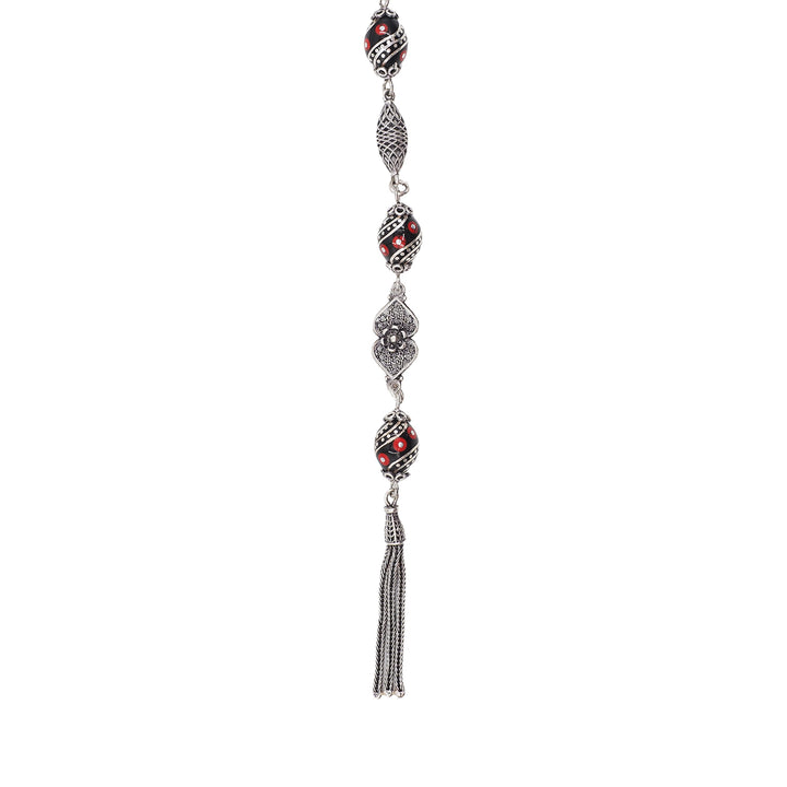 Mastercrafted Original Oltu Stone Tasbeeh with Coral &amp; Silver Inlay and Silver Tassel – WATD837