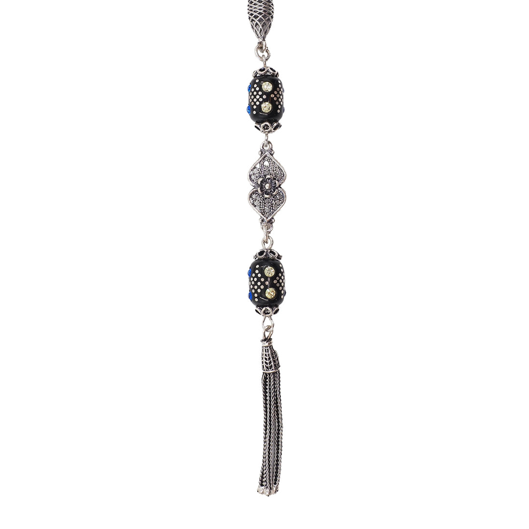 Mastercrafted Original Oltu Stone Tasbeeh with Turquoise &amp; Silver Inlay and Silver Tassel – WATD838