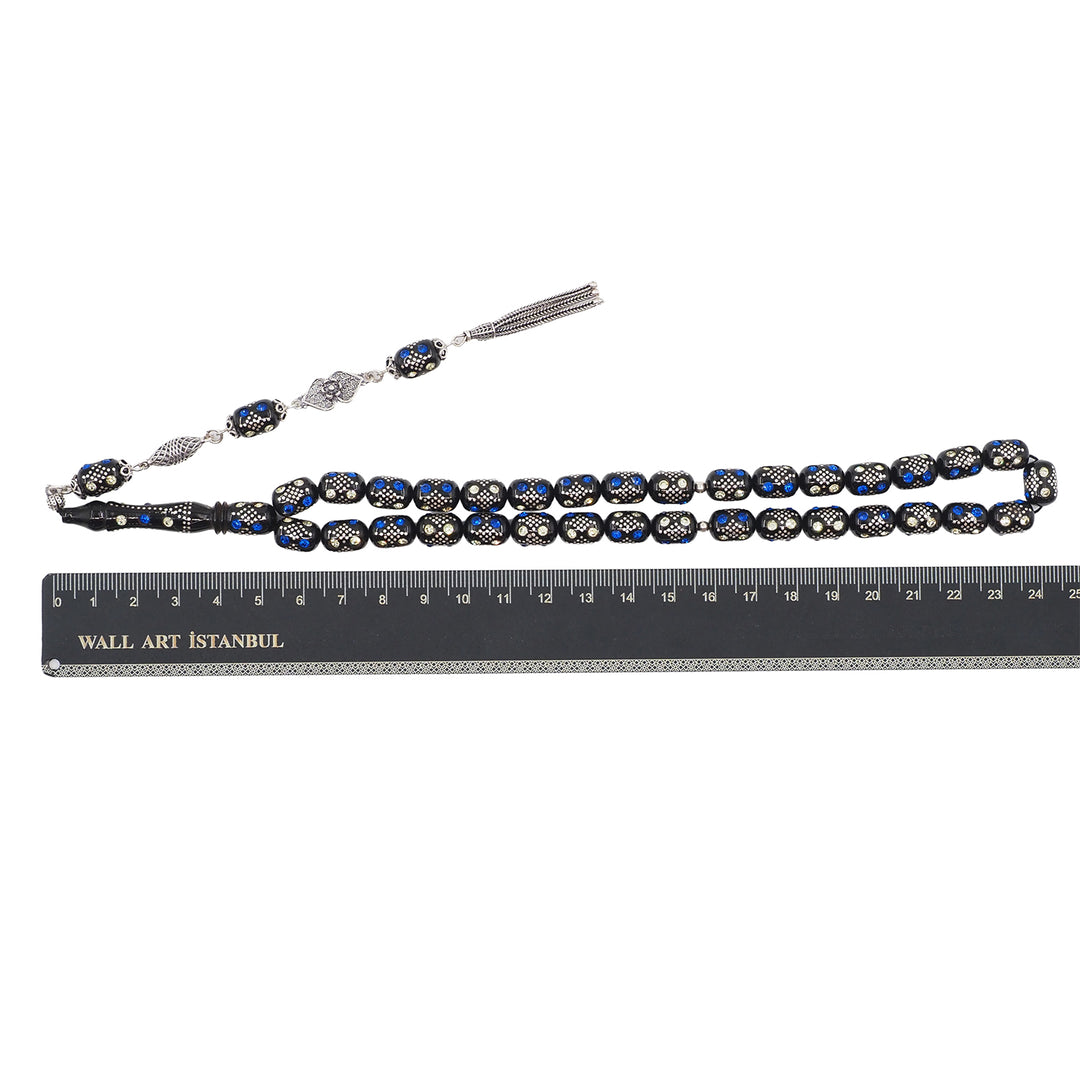 Mastercrafted Original Oltu Stone Tasbeeh with Turquoise &amp; Silver Inlay and Silver Tassel – WATD838