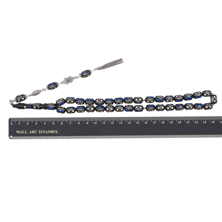 Mastercrafted Original Oltu Stone Tasbeeh with Turquoise &amp; Silver Inlay and Silver Tassel – WATD838