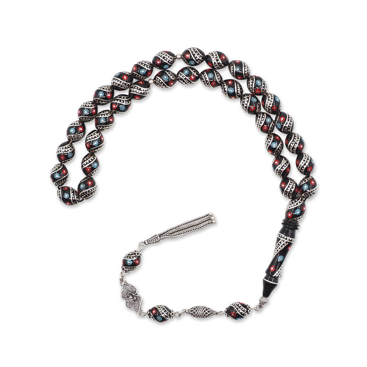 Mastercrafted Original Oltu Stone Tasbeeh with Coral, Turquoise &amp; Silver Inlay and Silver Tassel – WATD839
