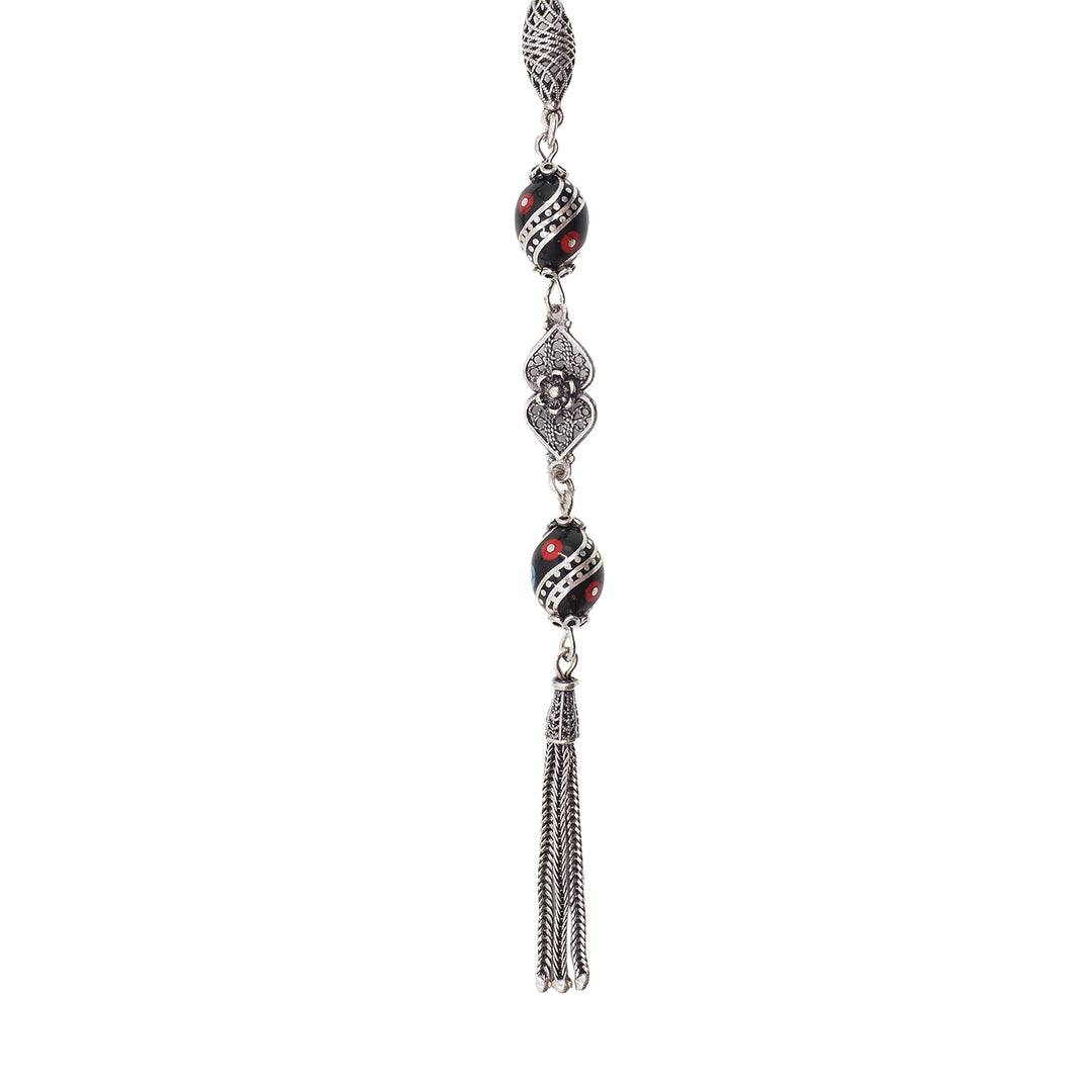 Mastercrafted Original Oltu Stone Tasbeeh with Coral, Turquoise &amp; Silver Inlay and Silver Tassel – WATD839