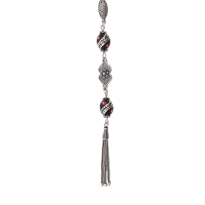 Mastercrafted Original Oltu Stone Tasbeeh with Coral, Turquoise &amp; Silver Inlay and Silver Tassel – WATD839