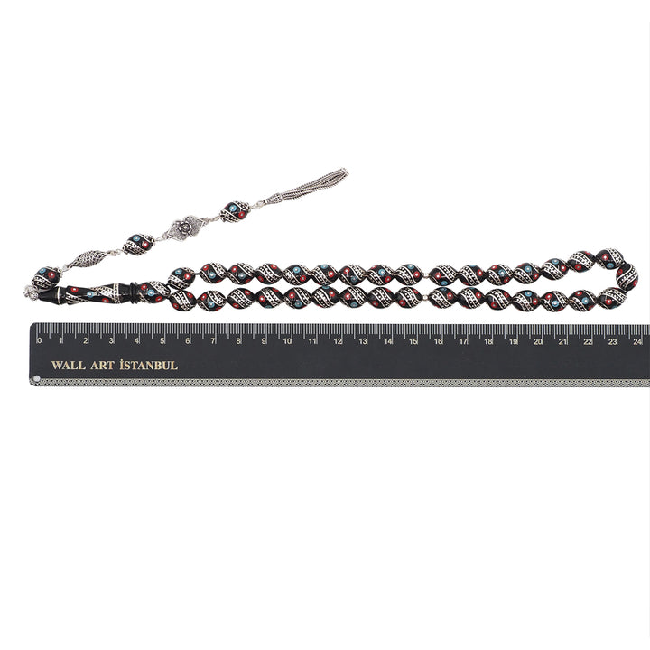 Mastercrafted Original Oltu Stone Tasbeeh with Coral, Turquoise &amp; Silver Inlay and Silver Tassel – WATD839