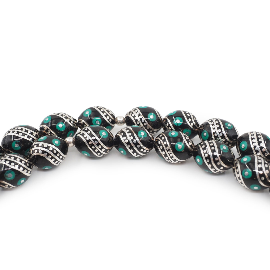 Mastercrafted Original Oltu Stone Tasbeeh with Turquoise &amp; Silver Inlay and Silver Tassel – WATD840