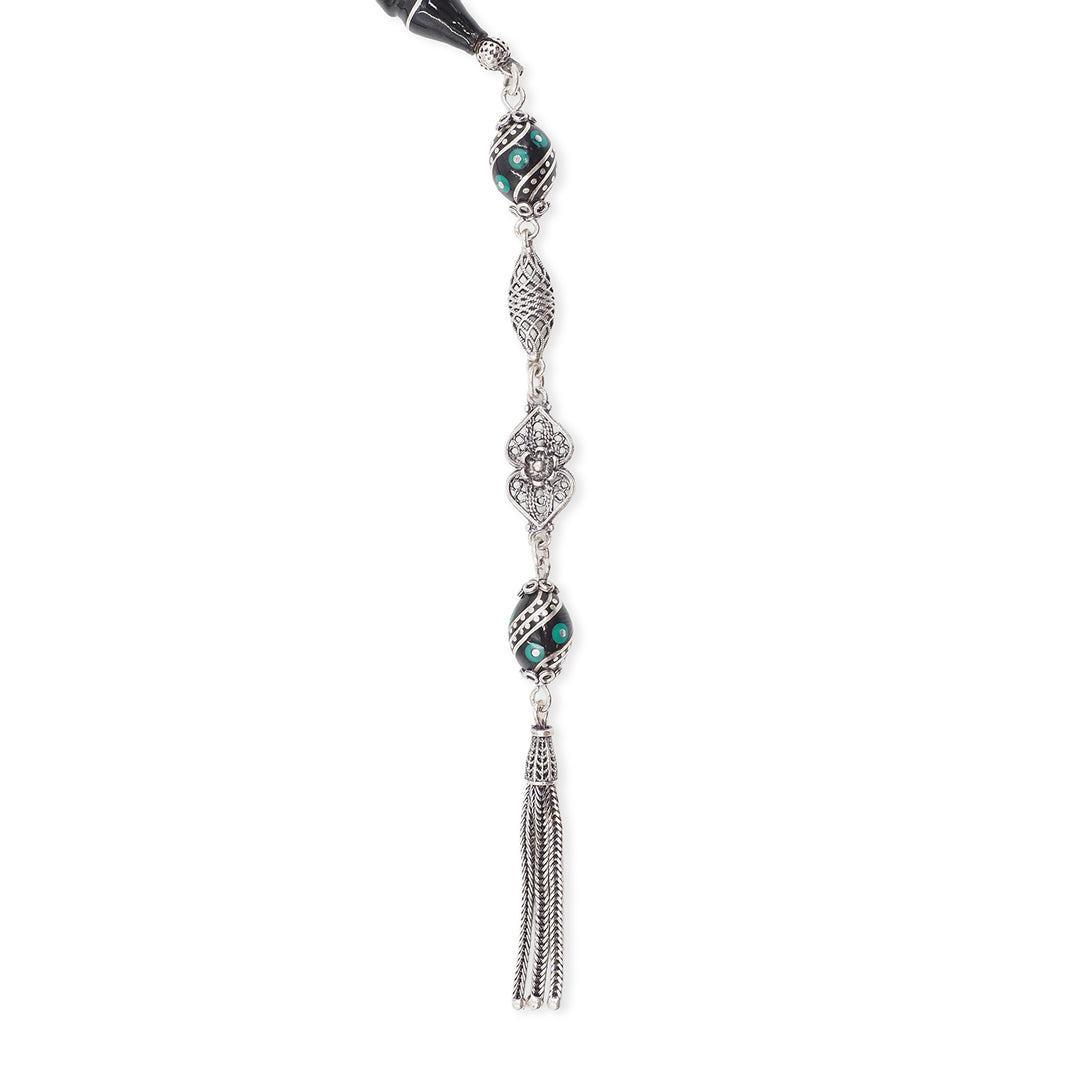 Mastercrafted Original Oltu Stone Tasbeeh with Turquoise &amp; Silver Inlay and Silver Tassel – WATD840