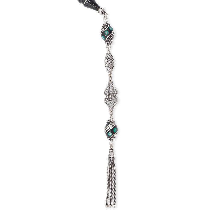 Mastercrafted Original Oltu Stone Tasbeeh with Turquoise &amp; Silver Inlay and Silver Tassel – WATD840