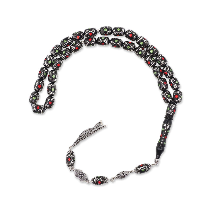 Mastercrafted Original Oltu Stone Tasbeeh with Coral, Turquoise &amp; Silver Inlay and Silver Tassel – WATD841