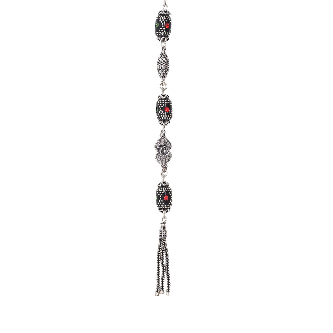 Mastercrafted Original Oltu Stone Tasbeeh with Coral, Turquoise &amp; Silver Inlay and Silver Tassel – WATD841