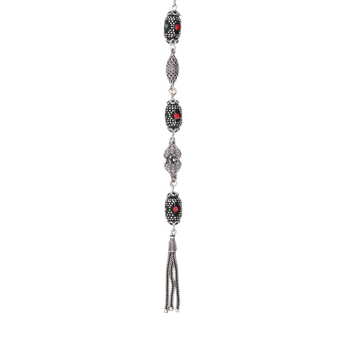 Mastercrafted Original Oltu Stone Tasbeeh with Coral, Turquoise &amp; Silver Inlay and Silver Tassel – WATD841