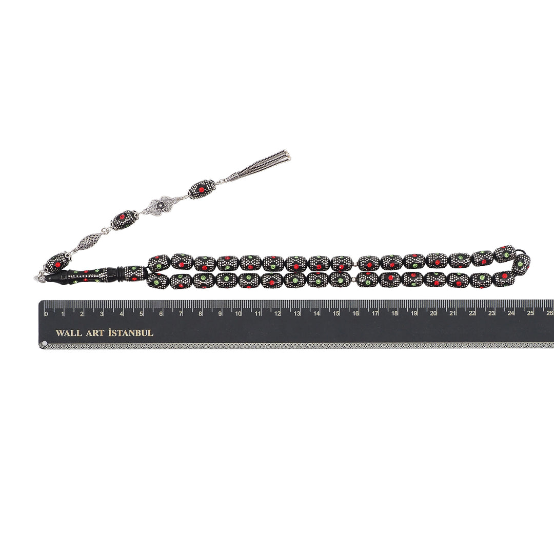 Mastercrafted Original Oltu Stone Tasbeeh with Coral, Turquoise &amp; Silver Inlay and Silver Tassel – WATD841