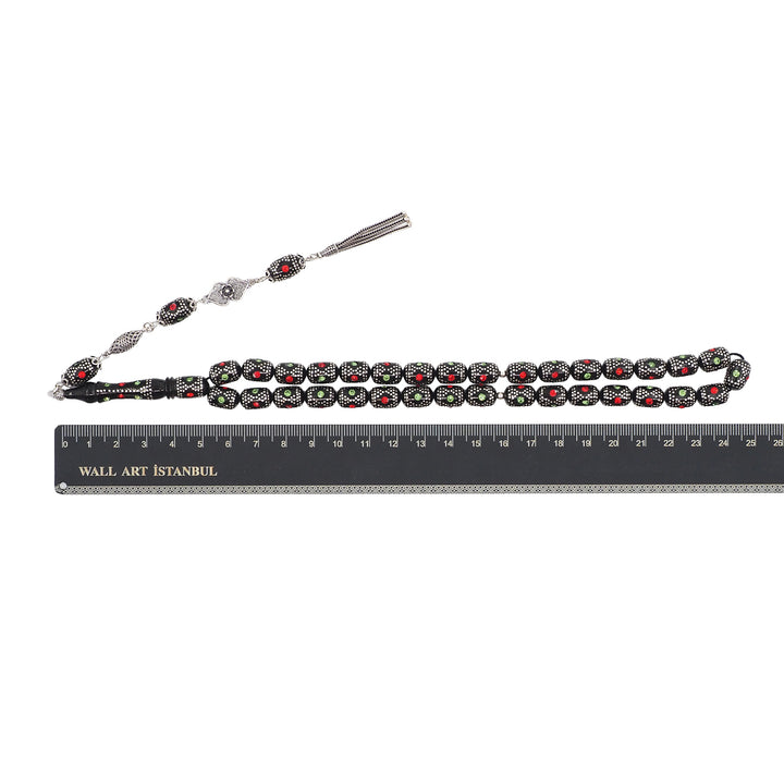 Mastercrafted Original Oltu Stone Tasbeeh with Coral, Turquoise &amp; Silver Inlay and Silver Tassel – WATD841