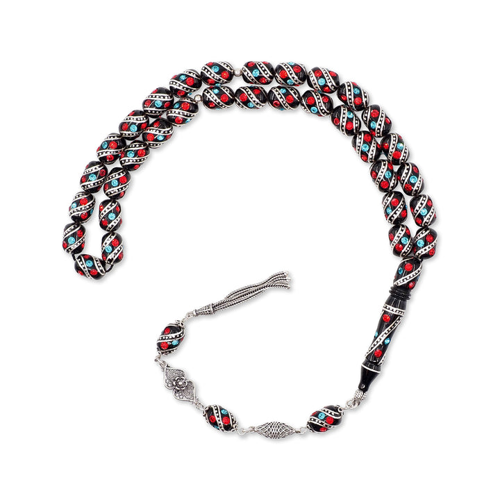 Mastercrafted Original Oltu Stone Tasbeeh with Coral, Turquoise &amp; Silver Inlay and Silver Tassel – WATD842