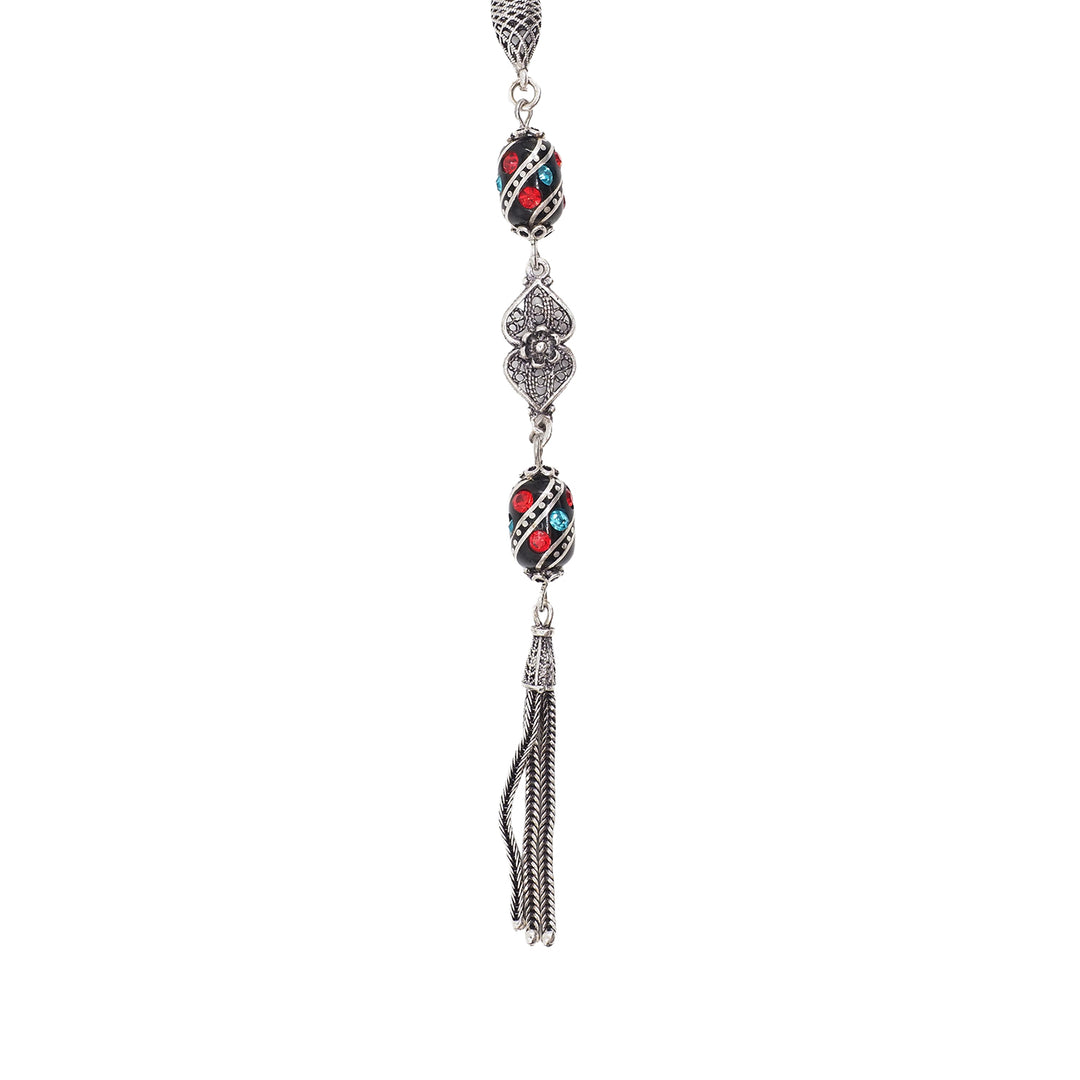 Mastercrafted Original Oltu Stone Tasbeeh with Coral, Turquoise &amp; Silver Inlay and Silver Tassel – WATD842