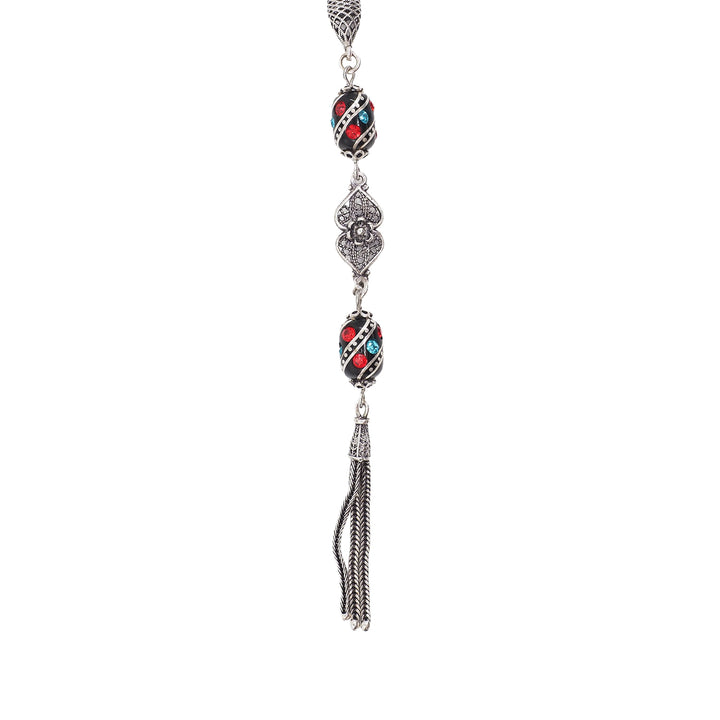 Mastercrafted Original Oltu Stone Tasbeeh with Coral, Turquoise &amp; Silver Inlay and Silver Tassel – WATD842