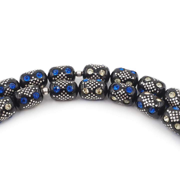 Mastercrafted Original Oltu Stone Tasbeeh with Turquoise &amp; Silver Inlay and Silver Tassel – WATD843