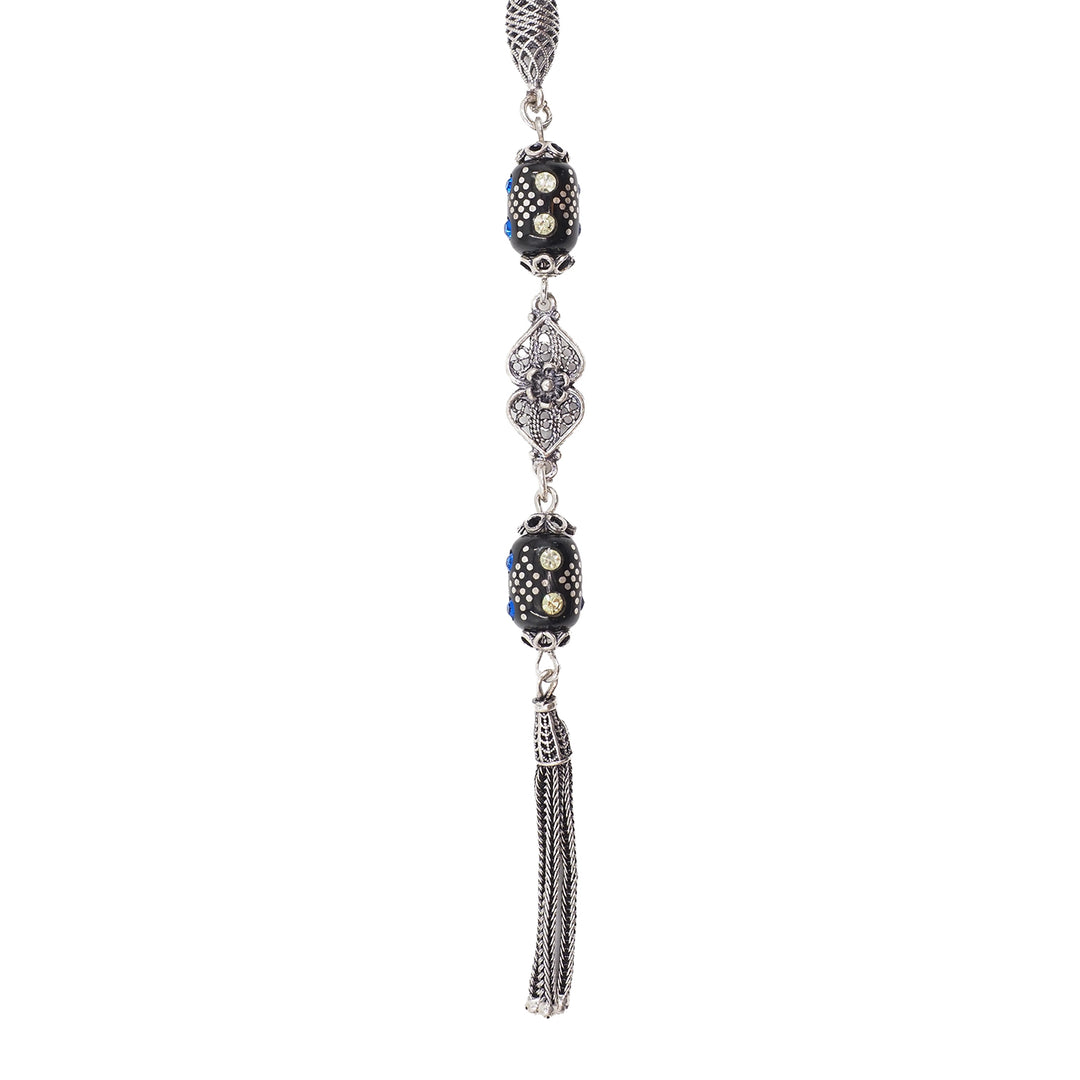 Mastercrafted Original Oltu Stone Tasbeeh with Turquoise &amp; Silver Inlay and Silver Tassel – WATD843