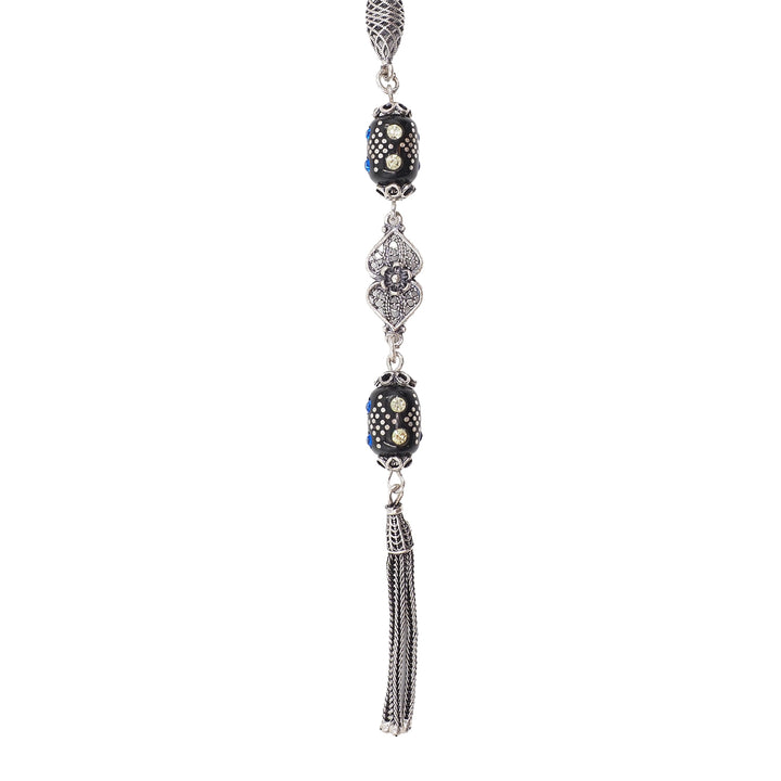 Mastercrafted Original Oltu Stone Tasbeeh with Turquoise &amp; Silver Inlay and Silver Tassel – WATD843