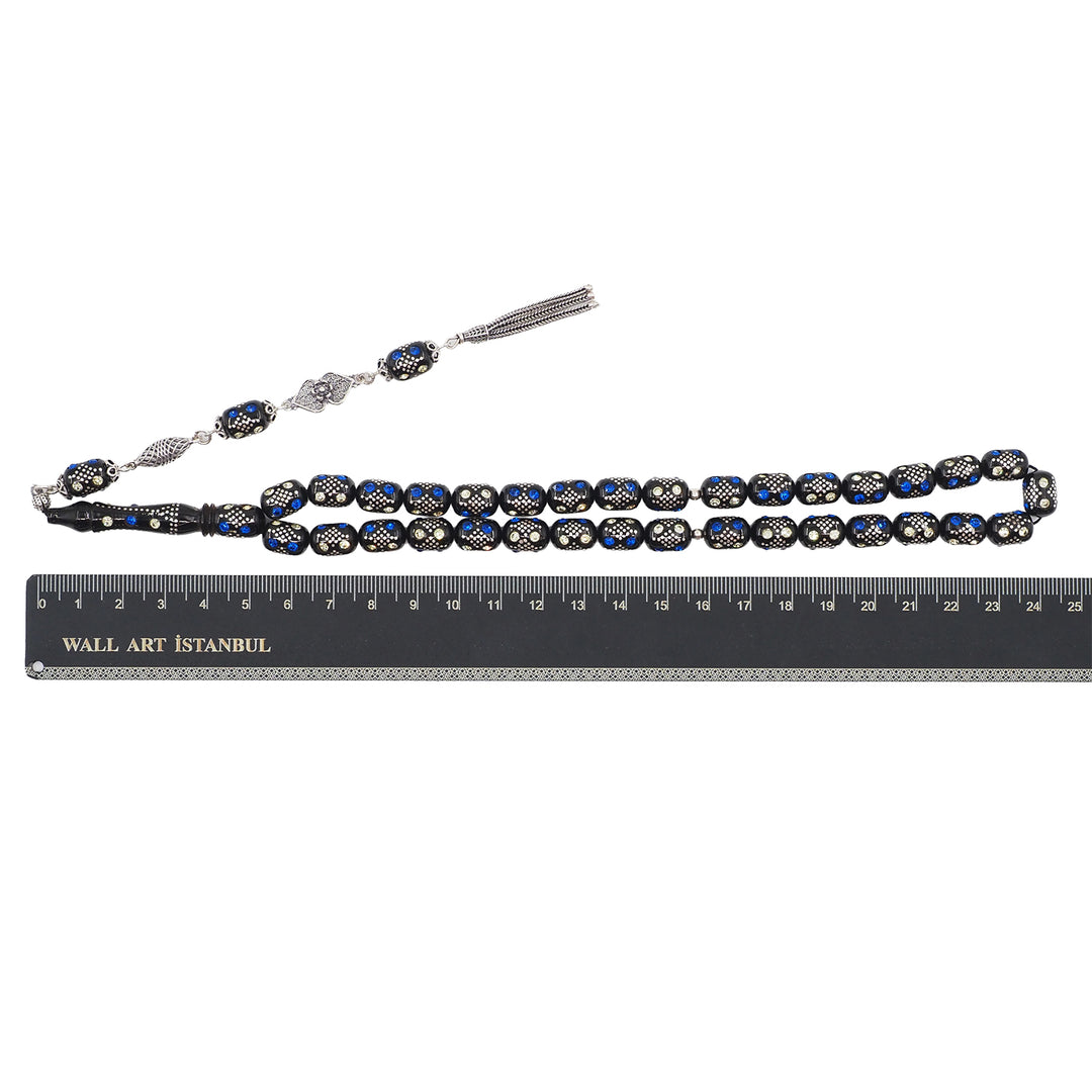 Mastercrafted Original Oltu Stone Tasbeeh with Turquoise &amp; Silver Inlay and Silver Tassel – WATD843