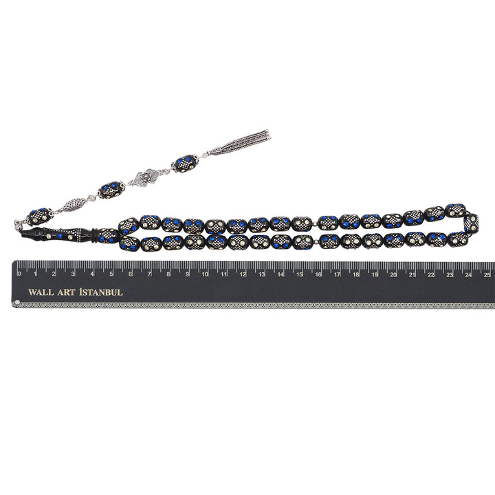 Mastercrafted Original Oltu Stone Tasbeeh with Turquoise &amp; Silver Inlay and Silver Tassel – WATD843