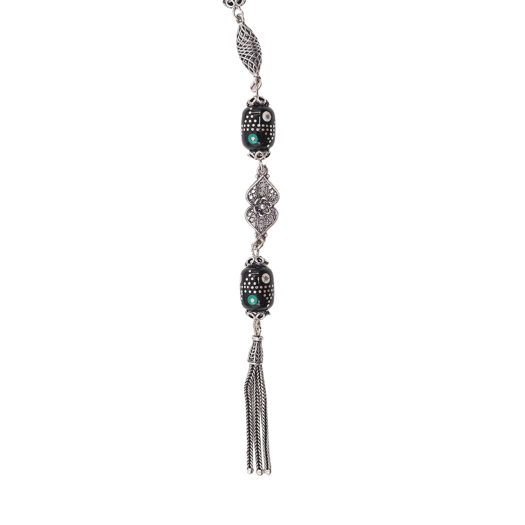 Mastercrafted Original Oltu Stone Tasbeeh with Turquoise Inlay and Silver Tassel – WATD844