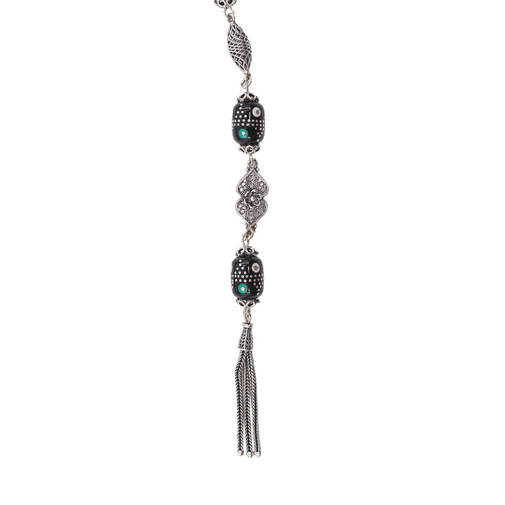 Mastercrafted Original Oltu Stone Tasbeeh with Turquoise Inlay and Silver Tassel – WATD844
