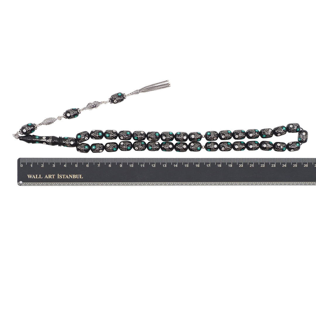 Mastercrafted Original Oltu Stone Tasbeeh with Turquoise Inlay and Silver Tassel – WATD844