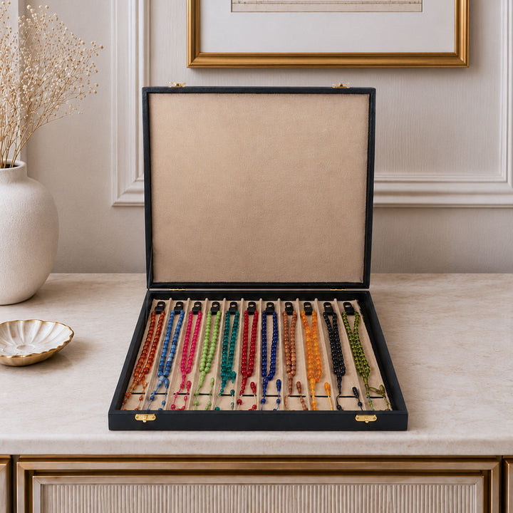 Exclusive 11-Piece Fire and Pressed Amber Tasbeeh Set (With Black Leather-Covered Wooden Case) - WATD845