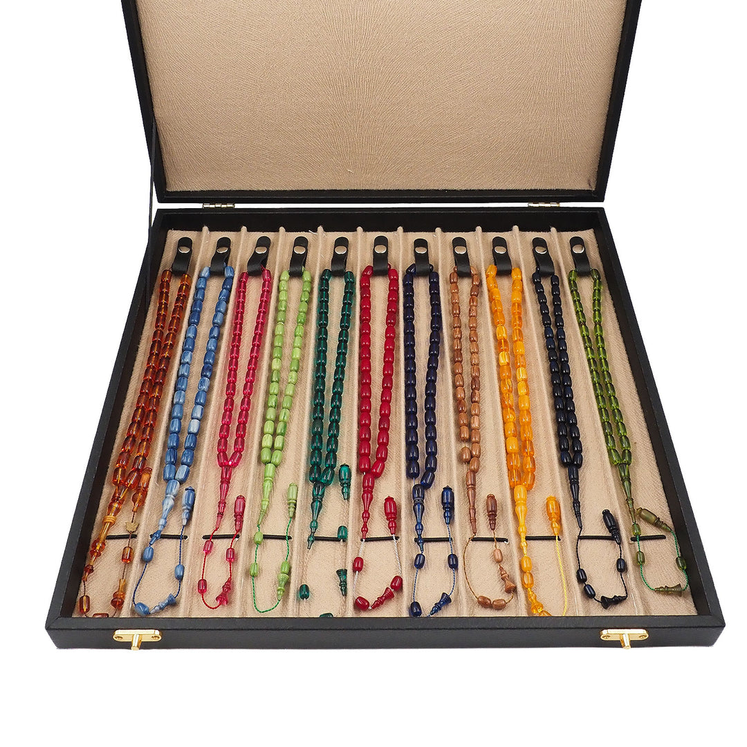 Exclusive 11-Piece Fire and Pressed Amber Tasbeeh Set (With Black Leather-Covered Wooden Case) - WATD845
