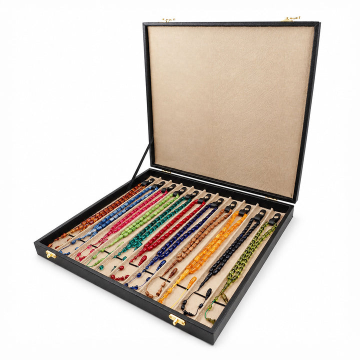 Exclusive 11-Piece Fire and Pressed Amber Tasbeeh Set (With Black Leather-Covered Wooden Case) - WATD845
