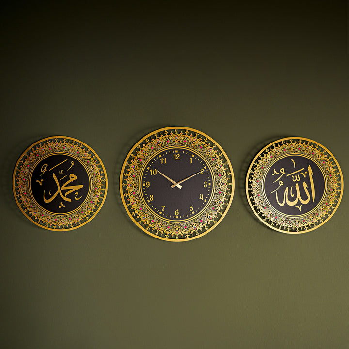 Allah, Muhammad and Clock Metal Islamic Wal Art Set of 3 - WAM219